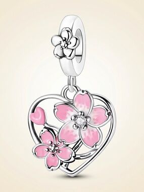S925 Silver Cherry Blossom Heart Charm Pink Enamel CZ Pandora Fit Floral Gift